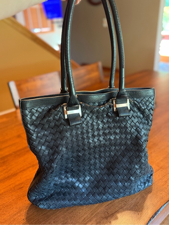 Cole Haan Handbags - Cole Haan EUC Black Woven Leather Tote Silver Hardware